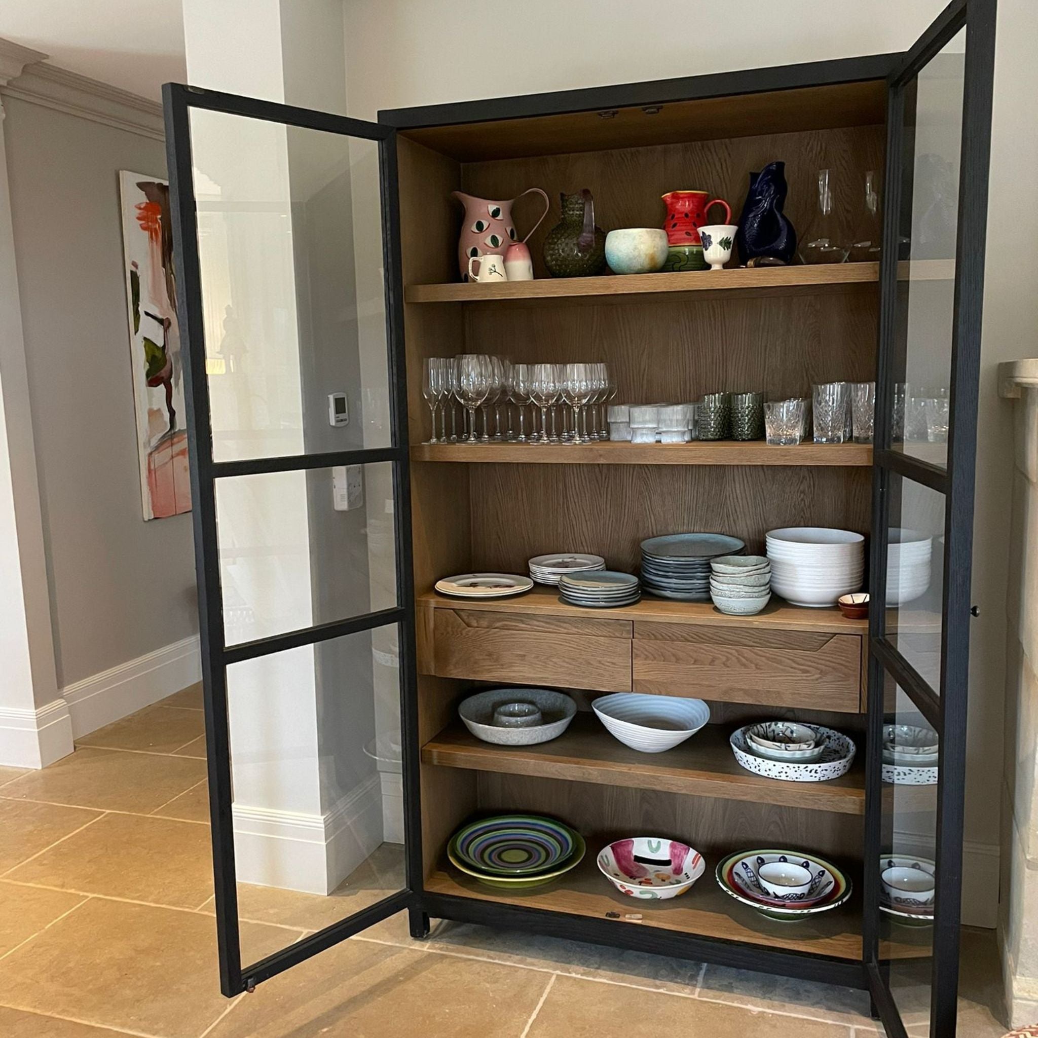 Crisal Decoracion Alantra Dark Oak Wardrobe Cabinet with Natural Interior and Glass Doors. - ModernistaLiving