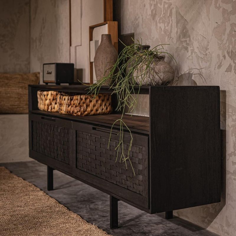 dBodhi Karma Charcoal Low Dresser Sideboard 2 Drawers 1 Open Rack Reclaimed Wood - ModernistaLiving