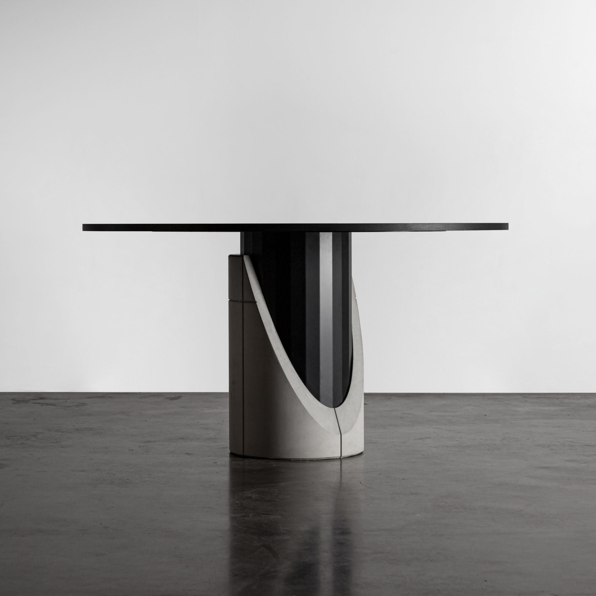 Lyon Beton Sharp Round Dining Table Fiber Concrete Steel Black Oak Veneer - ModernistaLiving