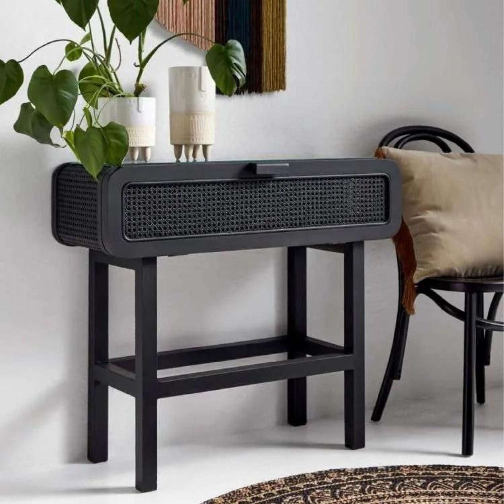 Nordal Merge Console Black with Rattan - ModernistaLiving