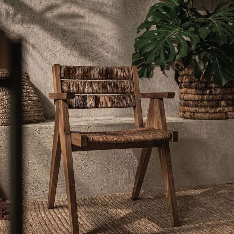 dBodhi Caterpillar Brawny Dining Arm Chair Teak Wood Handwoven Abaca Seating - ModernistaLiving