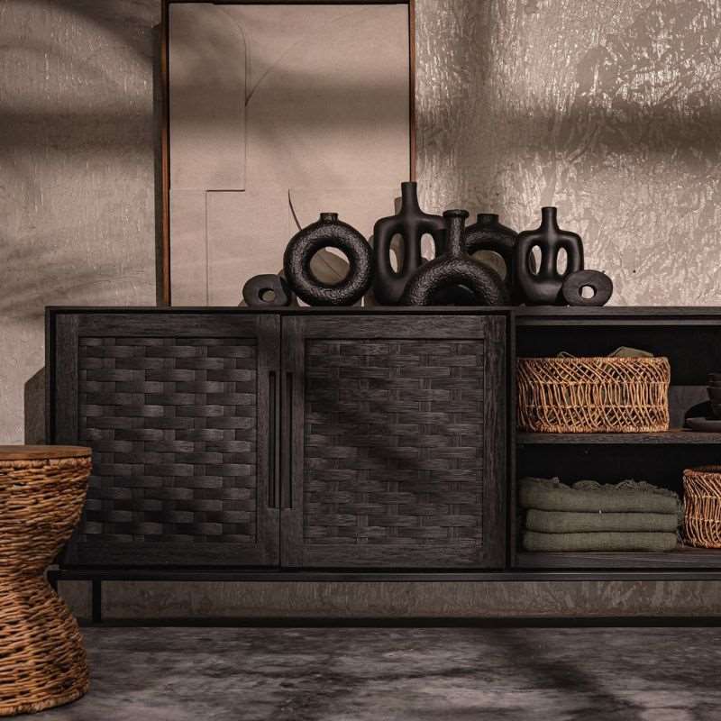 dBodhi Karma Charcoal Low Dresser Sideboard 2 Doors 2 Wide Shelves Reclaimed Wood - ModernistaLiving