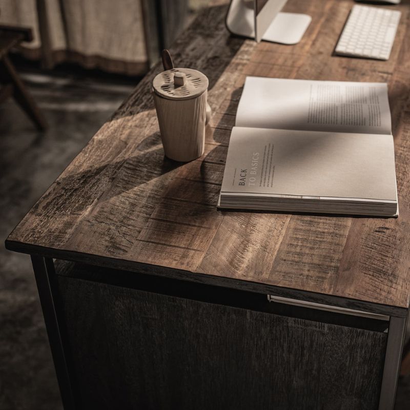 dBodhi Karma Charcoal Writing Desk Reclaimed Teak Black Iron Frame - ModernistaLiving